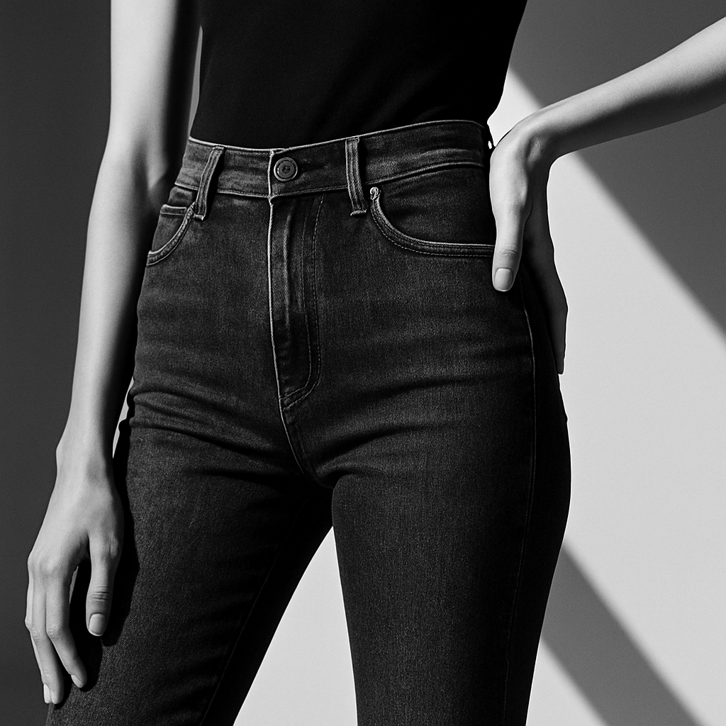 Close detail of premium high-rise STATURE denim